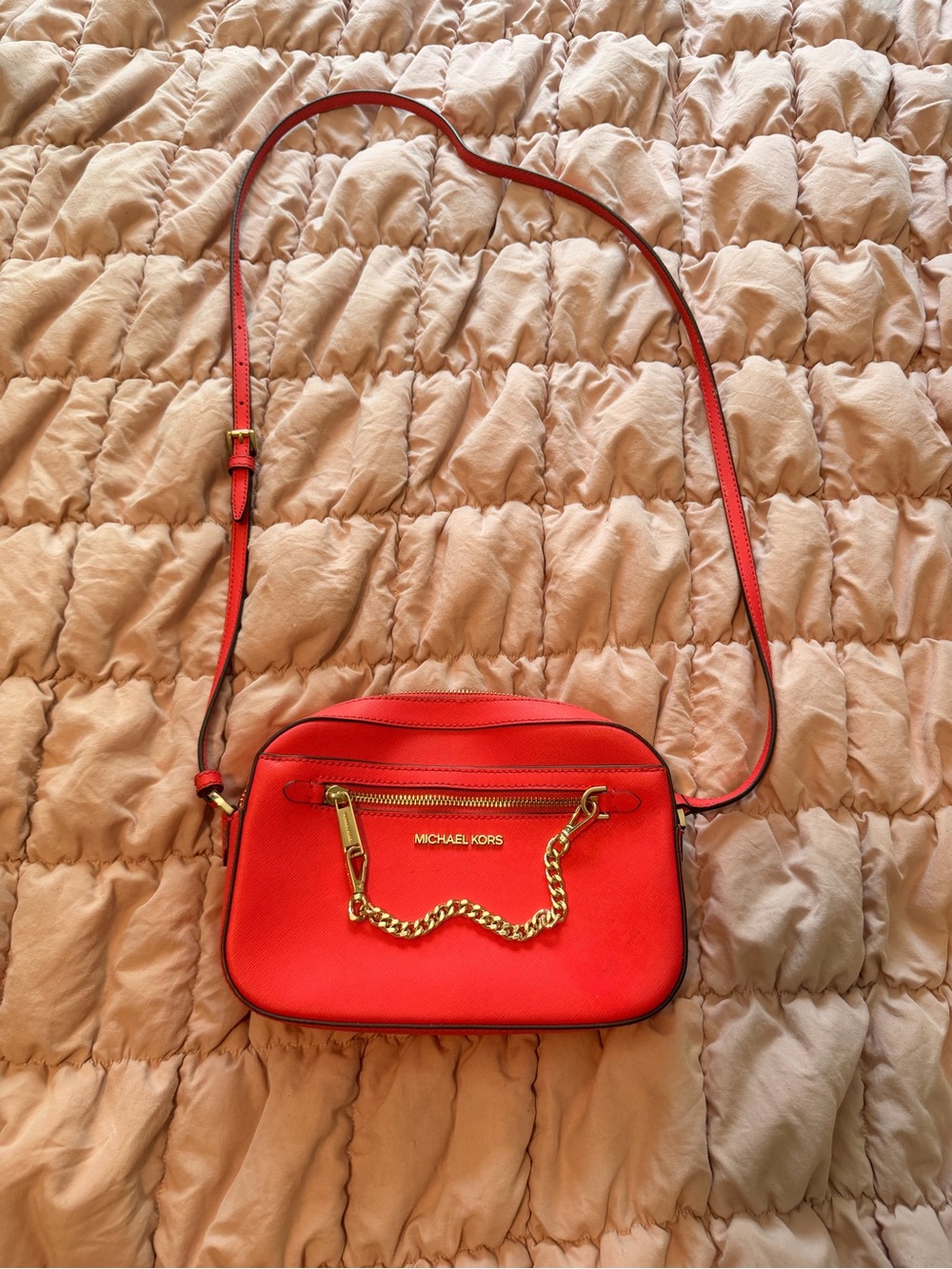 MICHAEL KORS Red Leather Crossbody with Gold Chain Detail